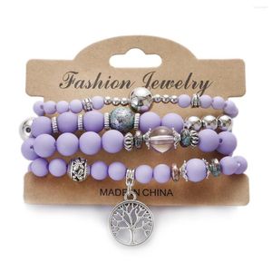 Strand Boho Purple Beads Armband Set For Women Girls Handmade Alloy Ethnic Tree of Life Charm Wrap Pulseira Feminina