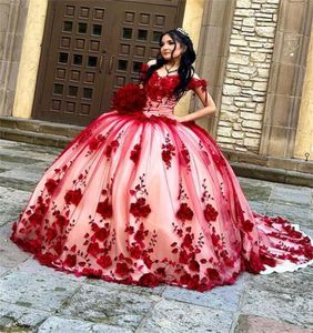 Luksusowe czerwone kwiaty Quinceanera sukienki 2023 Suknia balowa Urodziny Słodka 15 sukienka imprezowa