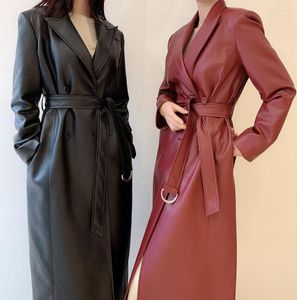 Women's Leather European And American Women Long Faux Jacket Plus Size Slim Korean Turn-down Collar Belt Fall Fashion 2023