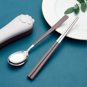 ディナーウェアセット304ステンレス鋼の食器中国の箸メタルチルドレンズフルーツゲーマーキッチンアイテムはすべてスプーンセットバー付き