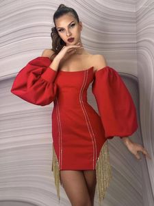 Casual Dresses Winter 2023 Fashion Women Sexy Off Shoulder Diamonds Tassel Red Mini Bandage Dress Elegant Evening Club Party