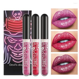 Lip Gloss Sdatter 3pcs/Conjunto de batom glitter kit de perda de perda à prova d'água há muito duradouros lábios vermelhos de maquiagem brilhante Cosmetics Halloween presente