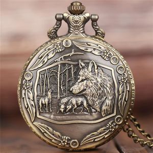 Steampunk Wild Wolf Orologio da taschino al quarzo in bronzo retrò Uomo Donna Fashion Fantastico orologio animale con collana a catena Gift255R