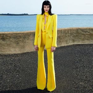 Damen Zweiteilige Hosen Herbst High Street Solid Hosenanzüge Frauen Gelb Single Button Blazer Weites Bein Flare Set Mode Promi Winter