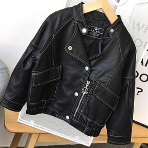 Jackets 2023 Autumn PU Leather Jacket For Girls Faux Fashion Locomotive Coat Modis Kids Clothes Y1833