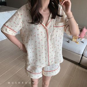 Bawełniana bawełniana odzież dla kobiet z szortami Koreańska Koreańska piżama damska Kawaii Pajama Cherry Print Pijama krótkie rękawowe tlee nocne pjs 230515