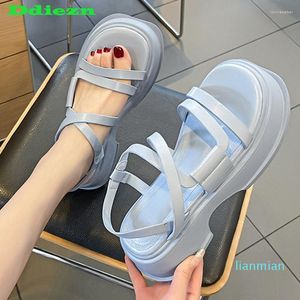 Sandaler 2023 Flats Platform Women Square Toe Summer Gladiator Ladies Shoes Buckle Strap Black Causal Female Slides