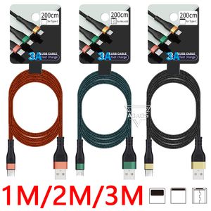 1M 3FT 2M 6FT 3M 10FT 3A fast charging cables type c phone data cable USB micro metal shell nylon braided cable with hanging card package