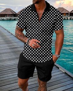 Mens Tracksuits Suit 3D Black Dot Print Summer Short Sleeve Polo Shirt Shorts Fashion Zipper Two Piece Set 230512