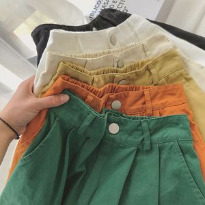 Kvinnors shorts kvinnors sommarshorts koreansk stil godis fast färg bomull casual bred ben Bermuda shorts knapp flyga hög midja shorts kvinnor 230515