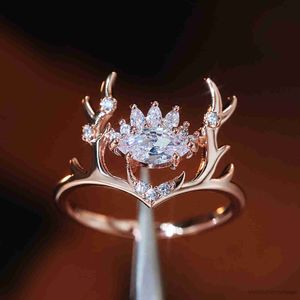 Bandringar Fashion Elk Crystal Women Rings Rose Gold Color Cute Antler Wedding Engagement Party Rings smycken