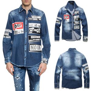 Patch denim skjorta man slim fit longsleves jeans skjorta herr