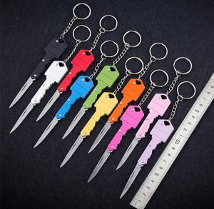 Portachiavi mini coltello pieghevole 10 colori Portachiavi di difesa Forma chiave Tasca Coltelli da frutta Strumento multifunzionale Portachiavi di autodifesa Con portachiavi