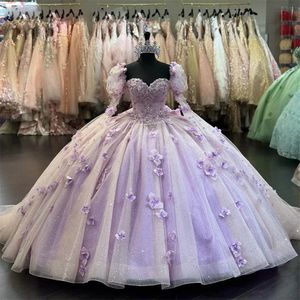 Lilac 3D Flowers Ball Gown Quinceanera Dresses Puff Long Sleeve Prom Gowns Bead Puffy Sweet 16 Masquerade Dress With Bow Tie 415