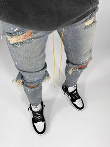 Mäns jeans rippade män mager fit vår sommar knä trasiga hål hiphop peicils byxor streetwear nödställda målade blixtlås despenermen's