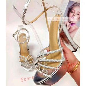 Sandaler Crystal Cross-bunt Platform Women Shiny Metallic Silver Block Heels Party Shoes Luxury Summer Ladies Naken Dress