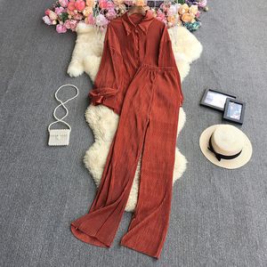 Zweiteilige Damen-Hosen, lässig, elegant, plissiert, zweiteiliges Set, langärmliges Hemd und Hose mit weitem Bein, lockere Büro-Damen-Outfits, Herbst 230515