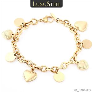Charm Armband Luxusteel Rostfritt stål Hjärtmyntarmband för kvinnor Girl Gold Color Cuban Link Chain Jewelry Gift 20cm