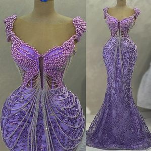 2023 May Aso Ebi Mermaid Lavanda Prom Dress Perle Cristalli Sera Festa formale Secondo ricevimento Compleanno Abiti di fidanzamento Abito Robe De Soiree ZJ259