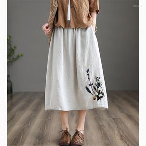 Skirts Women's Cotton Linen Skirt Summer Clothing Embroidery Black Casual Baggy Elastic Waist A-Line Long Korean Style