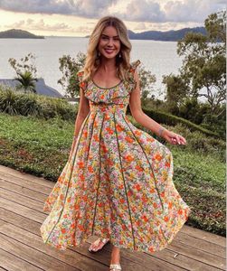 Vestidos casuais estilo boêmio big ruffles colar colar vintage estampa floral feminino algodão de seda vestido longo