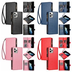 Capas de carteira de couro multifuncionais para iphone 15 14 Pro Max 13 Plus 12 11 X XS XR 8 7 6 Business Cash Money Pocket Zipper ID Card Slot Holder Flip Cover Phone Purse Strap