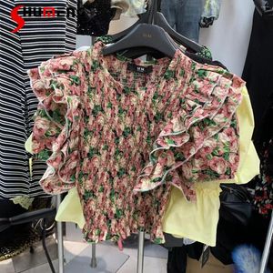 Women's Blouses Korean Style 2023 Summer Fashion Floral Pullover Top Women's Sweet Trendy Slim-Fit Ruffled Puff Sleeve Short Shirt