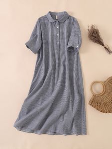 Casual Dresses Women's Plaid Dresses Vintage Short Sleeve Peter Pan Collar Single Breasted Shirt Dress Casual Loose Daily Robe Femme 230515