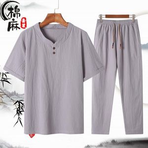 Мужские пластины для рубашки летняя модная тенденция мужская хлопковое льняное костюм с коротким рубашкой для мужчин