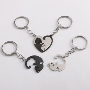 2st Puzzle Cat Keychain Par Lover Animal Matching Keyring Pendants Valentine's Day Gift Stainless Steel Love Heart Key Chain