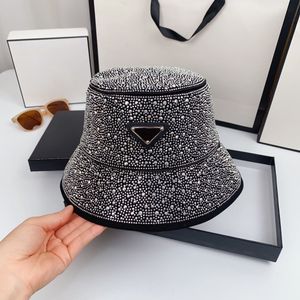 Women's Luxury Designer Bucket Hat Summer Vacation Travel Dating Water Diamond Inlaid Triangle Metal Letters Wide Brim Hats