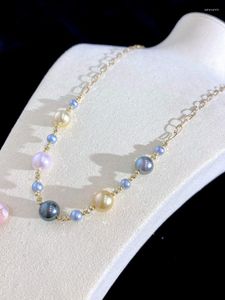 Chains HENGSHEN 18K Gold Necklace 4-9mm Natural Seawater Pearls Gradient Candy Color Unique Sweet Gorgeous For Women Girls Jewelry Gift