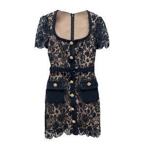 Casual Dresses Style Spring Lace Spliced Women Mini Dress Short Sleeve Sexy Floral Hollow Out Single Breasted Dress With Belt 230515