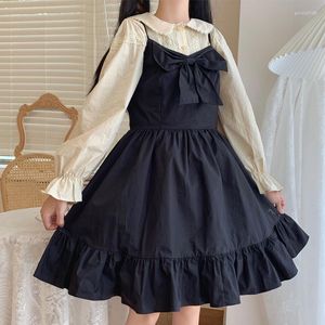 Work Dresses Sweet Cute Black Bow Suspender Dress Women 2023 Autumn Kawaii Soft Girl 2 Pcs Set Japan Doll Collar Lace Shirt Female