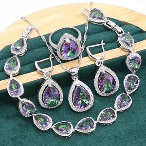 Wedding Jewelry Sets Water Drop Rainbow Topaz 925 Silver Wedding Jewelry set for Women Party Bracelet Earrings Necklace pendant Ring 230512