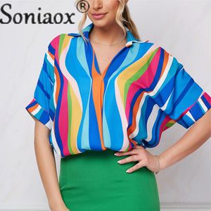 Kvinnors blusar skjortor Kemeja Kerah Lapel Motiv Garis Garis Warna Warni Musim Panas 2023 Atasan Untuk Wanita Blusa Sambungan Kasual Streetwear 230515