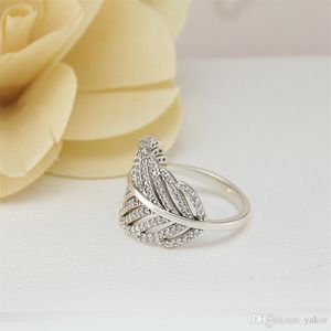 NUOVO 925 Sterling Silver Feather Wedding ANELLO LOGO Scatola originale per gioielli di fidanzamento Pandora CZ Anelli di cristallo di diamante per le donne G276t