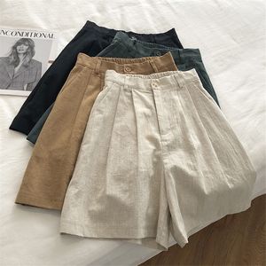 Kvinnors shorts limiguyue andningsbar bomullslinne shorts japansk retro hög midja bred ben Bermuda shorts passar avslappnad sommar kvinna lös J200 230515