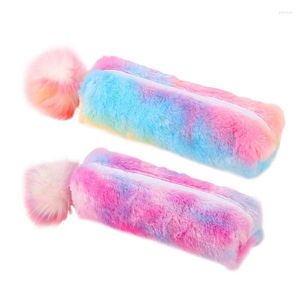 Färgglada plysch söt blyertsfodral Rainbow Creative Kawaii Girls School Supplies Pencilcase Korean PAG PEN LAGING HOLDER POUCH