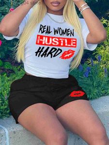Kvinnors spårningsdräkter LW Hustle Hard Lip Print Shorts Set Simple O Neck Kort ärm Vit T-shirt Elastisk midja Matchande Shorts T230515