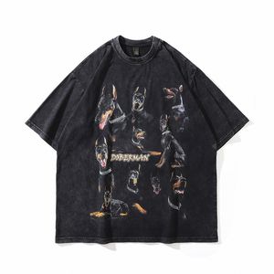 特大の苦痛TシャツヒップホップビンテージドーバーマンドッグプリントパンクロックゴシックTシャツストリートウェア2023ハラジュクカジュアルTシャツ