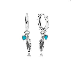 Turquoise Hearts Feather Hoop Earrings for Pandora Jewelry 925 Sterling Silver Wedding Party Earring for Women Girlfriend Gift luxury earrings with Original Box
