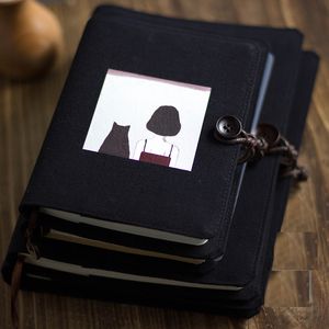 Not Defteri Yaratıcı Kız Cat Journal Defter Siyah Pamuk Kumaş Kapak Gevşek Yaprak A5 / A6 Binder Diary 6 Yüzük Planlamacıları Not Defarı Kız Hediyeleri 230515