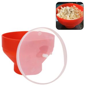 Microwave Popcorn Bowl Bucket Silicone DIY Red Popcorn Maker with Lid Chips Fruit Dish High Quality Kitchen Easy Tools