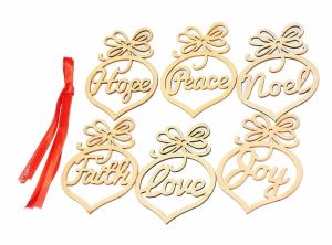 Christmas letter wood Church Heart Bubble pattern Ornament X'mas Tree Decorations Party Favor Home Festival Ornaments Hanging Gift, 6 pc per bag Classic