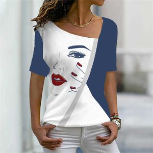 T-shirt feminina nova camiseta feminina Arte Face Prind Roupas femininas Musas de manga curta Tops V-deco