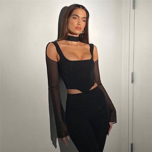T-Shirt 2022 Fashion Sexy Hollow Halter Crop Top Women Long Sleeve See Through Backless TShirt Street Cold Shoulder Exposed Navel Tee