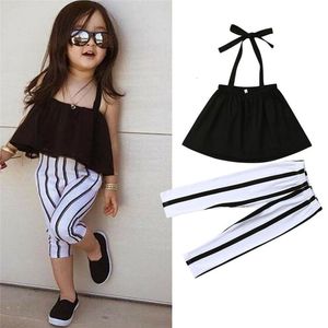 Set di abbigliamento 16T Fashion Summer Girl Strap Tops Pantaloni a righe Abiti per bambini Vestiti per ragazze 230512