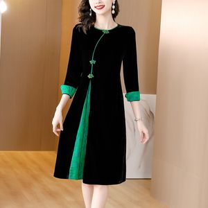 Casual Dresses Women Black Chinese Style Patchwork Maxi Dress Autumn Winter Korean Vintage Causal Dress Long Sleeve Elegant BodyCon Dress 230515