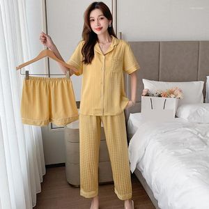 Kvinnors sömnkläder pyjamas passar kvinnor nattklänning lapel 3st sömn set sommar satin hemkläder med shorts loungewear